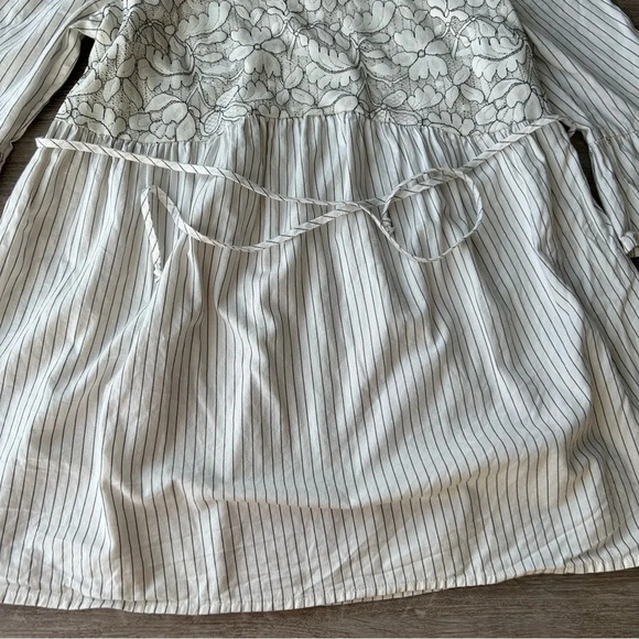 Isabel Maternity Floral Embroidery Pinstripes Bell  Sleeves Top - Picture 10 of 15